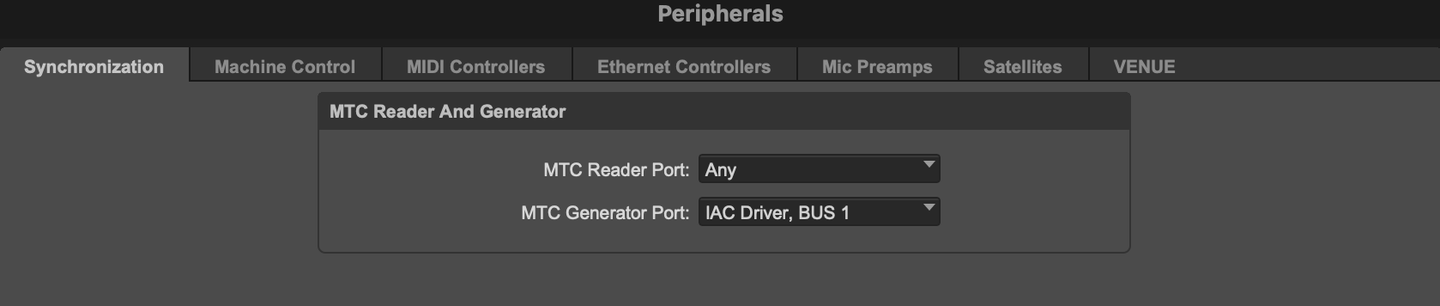 Pro Tools Peripherals window, Synchronization tab — MTC Reader Port set to Any, MTC Generator Port set to IAC Driver, Bus 1