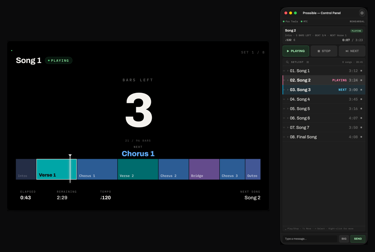Prossible stage display on the left and the Control Panel window on the right